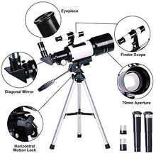 Load image into Gallery viewer, ToyerBee Telescope for Kids& Beginners, 70mm Aperture 300mm Astronomical Refractor Telescope, Tripod& Finder Scope- Portable Travel Telescope with Smartphone Adapter and Wireless Remote