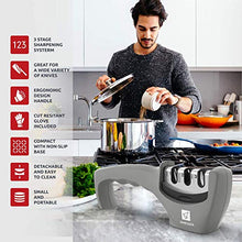 Load image into Gallery viewer, Kitchen Knife Sharpener - 3 Stage Knife Sharpening Tool Sharpens Chef's Knives - Kitchen Accessories Help Repair, Restore and Polish Blades Quickly, Food Safety Cut Resistant Glove Included, Gray
