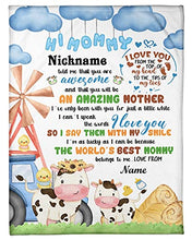 Load image into Gallery viewer, Personalized Cow Mom Baby Fleece Blanket Hi Mommy Grandma Told Me That You are Awesome Blanket Gifts for New First Mom to Be from Bump Baby Custom Name Blanket for Birthday Christmas Thanksgiving