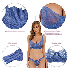 Load image into Gallery viewer, Women's Sexy Soft Lace Lingerie Set See Through Underwear Floral Lace Underwire Sheer Bra and Panty Set (Blue,32C)