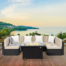 Load image into Gallery viewer, Pamapic 7 Pieces Patio Conversation Sets with fire Pit, Patio Furniture Sectional Sofa with Gas Fire Pit Table(Black Wicker,Beige Cushions)