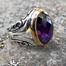 Load image into Gallery viewer, MEVA 925 Sterling Silver Stylish Carved Design Oval Cut Amethyst Stone Men's Ring RKB0046 (12)