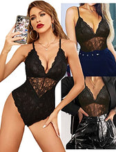 Load image into Gallery viewer, Avidlove Button Crotch Lingerie Women Deep V Lace Teddy Bodysuit One Piece Babydoll(Black,S)