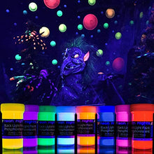 Load image into Gallery viewer, 2-IN-1 Glow In The Dark Acrylic Paint Set by neon nights – Glows in the Dark & under UV Blacklight - Set of 8 Self-Luminous Neon Paints for Halloween - German Premium Quality - Phosphorescent