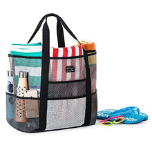 Load image into Gallery viewer, SoHo, Mesh Beach Bag - Toy Tote Bag - Large Lightweight Market, Grocery & Picnic Tote with Oversized Pockets (Black/White)