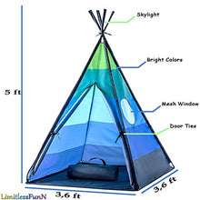 Load image into Gallery viewer, LimitlessFunN Teepee Kids Play Tent Bonus Star Lights & Carrying Case for Girls & Boys, Indoor & Outdoor Use (Blue)