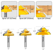 Load image into Gallery viewer, MNA 45 Degree Lock Miter Router Bit 3-Piece Set, for 1/2”, 5/8”, 3/4” Cutting Height, 1/4 Inch Shank. Easy to Create Lock Miter Joint