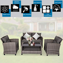 Load image into Gallery viewer, Tangkula 4 PCS Patio Wicker Conversation Furniture Set, Outdoor Rattan Sofa Set with Padded Cushion & Tempered Glass Coffee Table, Wicker Sectional Sofas & Table for Courtyard Balcony Garden (1, Grey)