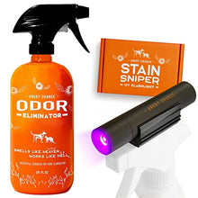 Load image into Gallery viewer, ANGRY ORANGE Pet Odor Eliminator for Strong Odor - Citrus Deodorizer for Dog Urine Smells on Carpet, Furniture & Floors - Puppy Supplies (24 Fl Oz + UV Flashlight)
