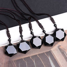 Load image into Gallery viewer, MENGLINA Black Obsidian Hexagram Natural Stone Necklace Translucent Ice Obsidian Wolf Tooth Amulet His and Hers Couples Necklace Lucky Love Pendant Necklace for Men Women
