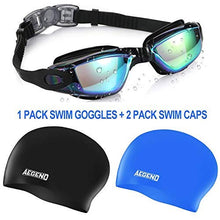 Load image into Gallery viewer, aegend No Leaking Swim Goggles, with 2 Pack Long Hair Swim Caps (Black + Blue)