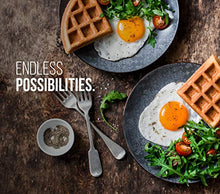Load image into Gallery viewer, Chefman Anti-Overflow Belgian Waffle Maker w/ Shade Selector, Temperature Control, Mess Free Moat, Round Iron w/ Nonstick Plates & Cool Touch Handle, Measuring Cup Included, Black
