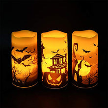 Load image into Gallery viewer, DRomance Flameless Flickering Candles Battery Operated with 6 Hour Timer, Set of 3 Real Wax LED Pillar Candles Warm Light with Castle, Witch, Bats Decal Halloween Decor Candles for Kids(D3" x H6")