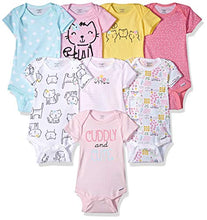 Load image into Gallery viewer, Onesies Brand Girls' Standard 8-Pack Short Sleeve Printed Bodysuits, Cuddly Cats & Flowers, 6-9 Months