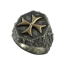 Load image into Gallery viewer, Knights Templar Maltese Cross Mens Ring Fleur De Lis Silver 925 and 10K Gold Masonic Jewelry