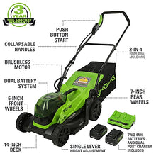 Load image into Gallery viewer, Greenworks 48V 14" Brushless Cordless Lawn Mower, (2) 4.0Ah USB Batteries (USB Hub) and Dual Port Rapid Charger Included (2 x 24V)