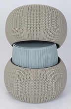 Load image into Gallery viewer, Keter Urban Knit Pouf Ottoman Set of 2 with Storage Table for Patio and Room Décor-Perfect for Balcony, Deck, and Outdoor Seating, Dune/Misty Blue