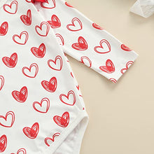 Load image into Gallery viewer, Newborn Baby Girl Valentine's Day Outfits Long Sleeve Ruffle Love Heart Print Romper Bow Pants with Headband Holiday Sets 0-24M (Red, 6-12 Months)