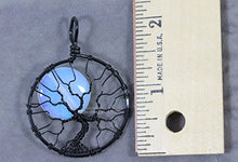 Load image into Gallery viewer, Tree of Life Pendant Opalite Moonstone Full Moon Black Wire Wrapped Halloween Jewelry Spooky Tree Necklace
