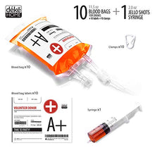 Load image into Gallery viewer, Blood Bag drinking. Set of 10 fake iv Blood Bags for Drinks, 11.5Oz, with Extra Syringe Set of 10 Labels and Clips. Drink pouches Halloween/Vampire/Zombie/Nurse Graduation/decorations Party suplies