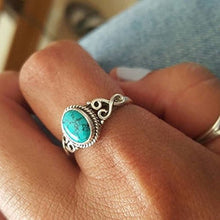 Load image into Gallery viewer, sandywident Genuine Women's 925 Sterling Silver Plated Ring Oval Cut Natural Bohemia Turquoise Jewelry Birthday Proposal Hollow Engagement Party Band Rings Size 6-10