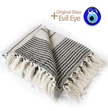 Load image into Gallery viewer, LUXURY Throw Blanket Decorative LightWeight With Fringe 100% COTTON |40”x71”| For Chair Couch, Boho Farmhouse Rustic Decor Turkish Towel + Evil Eye Beach Bath Spa Gym Yoga Picnic| (Black White)