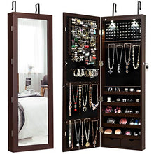 Load image into Gallery viewer, Giantex Wall/Door Mounted Jewelry Armoire Organizer with 2 LED Lights, Lockable Height Adjustable Jewelry Cabinet with Full Length Mirror, Large Capacity Dressing Makeup Jewelry Mirror Storage (Brown)