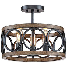 Load image into Gallery viewer, Salima Rustic Farmhouse Ceiling Light Semi Flush Mount Fixture LED Black Circle Wood Grain 16" Wide 3-Light Open Drum for Bedroom Kitchen Living Room Hallway Bathroom - Franklin Iron Works