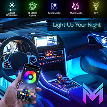 Load image into Gallery viewer, Mega Racer LED Lights for Car Interior - 48 LED RGB Chips Over 16 Million Customizable Colors, Music Sync and 27 Style Effects Waterproof, App Controlled iPhone Android Compatible, Car Charger DC 12V