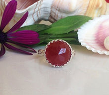Load image into Gallery viewer, Carnelian Ring - Silver Ring - Round Crown Ring - Gemstone Ring - Cocktail Ring - Red Onyx Ring - Lace Crown Ring