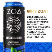 Load image into Gallery viewer, ZOA Zero Sugar Energy Drinks 16 Fl Oz, Super Berry (Pack of 12) - 160mg Natural Caffeine, Supports Healthy Immunity, Boosts Focus & Hydration