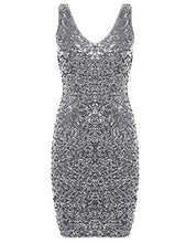 Load image into Gallery viewer, PrettyGuide Women Sexy Deep V Neck Sequin Glitter Bodycon Stretchy Mini Party Dress (Silver) X-Small/Small
