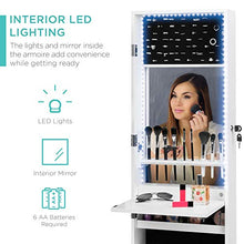 Load image into Gallery viewer, Best Choice Products Full Length Hanging Mirror Jewelry Armoire Cabinet, Makeup Storage Organizer, Wall Mounted, w/Interior Mirror, LED Lights, Lock, Cosmetics Tray, Brush Holders, 4 Shelves