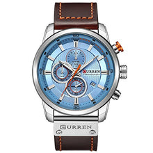 Load image into Gallery viewer, Men Leather Strap Military Watches Men's Chronograph Waterproof Sport Wrist Date Quartz Wristwatch Gifts (Silver Blue)