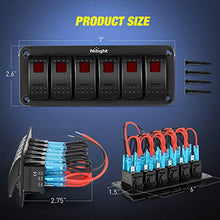 Load image into Gallery viewer, Nilight 6 Gang Rocker Switch Panel 5Pin On Off Toggle Switch Aluminum Holder 12V 24V Dash Pre-Wired Red Backlit Switches for Automotive Cars Marine Boats RVs Truck, 2 Years Warranty