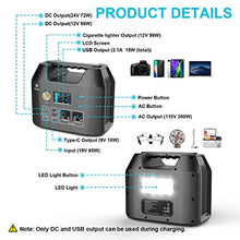 Load image into Gallery viewer, VOLO 300W Portable Power Station, 296Wh(80000mAh) Camping Lithium Battery Pack with 2AC 110V/ 1DC 12V/ 1DC 24V/ 1Car Cigarette Lighter/ 1QC3.0USB-C/ 2USB/Flashlight for Outdoor Camp Home Emergency