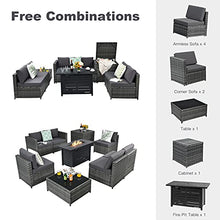 Load image into Gallery viewer, Tangkula 9 Pieces Patio Rattan Furniture Set, Patiojoy Sectional Sofa Set w/Fire Pit Table, Storage Box, Coffee Table, Outdoor Wicker Conversation Set w/ 42” Propane Fire Pit Table (Grey)