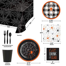 Load image into Gallery viewer, Halloween Party Supplies, Spider & Buffalo Plaid Design, 16 Guests, 129 Pieces, Disposable Paper Dinnerware, Plate, Napkin, Cups, Cutlery and Table Cover Set