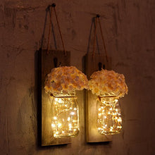 Load image into Gallery viewer, Rustic Wall Sconces - Mason Jars Sconce, Rustic Home Decor,Wrought Iron Hooks, Silk Hydrangea and LED Strip Lights Design 6 Hour Timer Home Decoration (Set of 2)