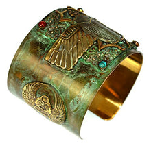 Load image into Gallery viewer, Patina Brass Egyptian Scarab Motif Wide Cuff Bracelet - Carnelian, Navy Onyx, Turquoise