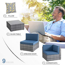Load image into Gallery viewer, SUNLEI 7pcs Patio Outdoor Furniture Sets Conversation Set,Low Back All-Weather Rattan Sectional Sofa with Tea Table&Washable Couch Cushions(Silver Rattan)(Aegean Blue)