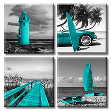 Load image into Gallery viewer, Beach Wall Art Teal Wall Decor Bathroom Decor Sets Accessories Black and White Ocean Lighthouse Painting Palm Tree Surfboard Car Picture Prints Seascape Office Kitchen Poster 12x12 inches x4