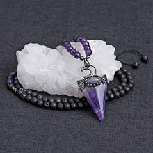 Load image into Gallery viewer, Top Plaza Natural Stone Healing Crystal Amethyst Triangle Pointed Gemstone Pendant Necklace Crescent Moon Jewelry Adjustable Lava Rock Beads Necklaces for Women Men
