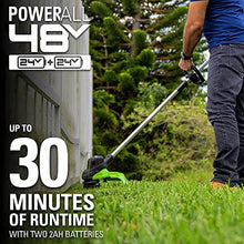 Load image into Gallery viewer, Greenworks 48V 15" Cordless String Trimmer, (2) 2.0Ah USB Batteries (USB Hub) and Dual Port Rapid Charger Included (2 x 24V)