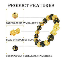 Load image into Gallery viewer, Chinese Feng Shui Bracelet 12 mm Feng Shui Black Obsidian Wealth Bracelet Elastic Wealth Bracelet with Pi Xiu Pi Yao for Attracting Good Luck and Wealth(J 12mm)