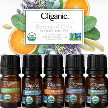 Load image into Gallery viewer, Cliganic Organic Essential Oils Set (Top 5) - 100% Pure Natural - Aromatherapy, Candle Making - Peppermint, Lavender, Eucalyptus, Lemongrass & Orange