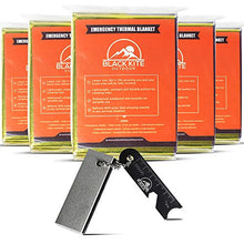 Load image into Gallery viewer, Black Kite Outdoor XL Survival Mylar Thermal Space Blankets (5 -Pack) + Magnesium Flint Block & Striker Fire Starter Designed to Retain Heat, Outdoors, Hiking, Camping, First Aid, Marathon, Emergency