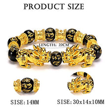 Load image into Gallery viewer, 2 Pieces Feng Shui Bracelets Mantra Amulet Bead Obsidian Bracelets with Gold Plated Pi Xiu/Pi Yao for Women Men Adjustable Elastic - Good Luck Wealt (14mm)