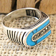 Load image into Gallery viewer, Solid 925 Sterling Silver Turkish Handmade Marcasite & Simulated Turquoise Luxury Men's Ring (8)