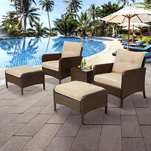 Load image into Gallery viewer, U-MAX 5 Pieces Patio Furniture Set Outdoor Chair and Ottoman Set with Cushions & Side Table, Brown PE Wicker Rattan Lawn Pool Balcony Backyard Conversation Lounge Set, White & Tan Cushion